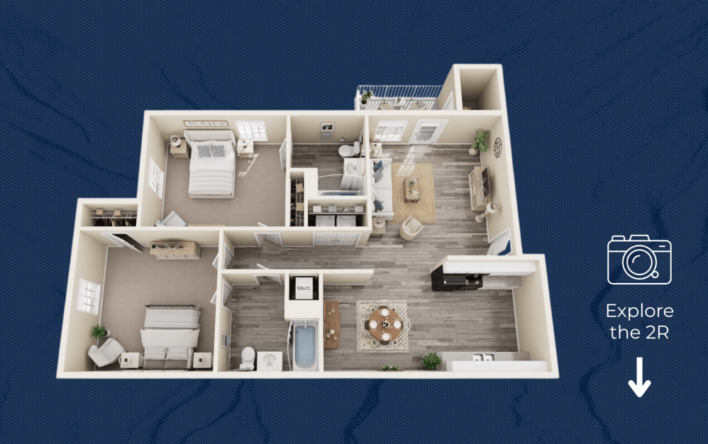 2R - 2 bedroom floorplan layout with 2 bathrooms and 1075 square feet (Residence Floorplan)