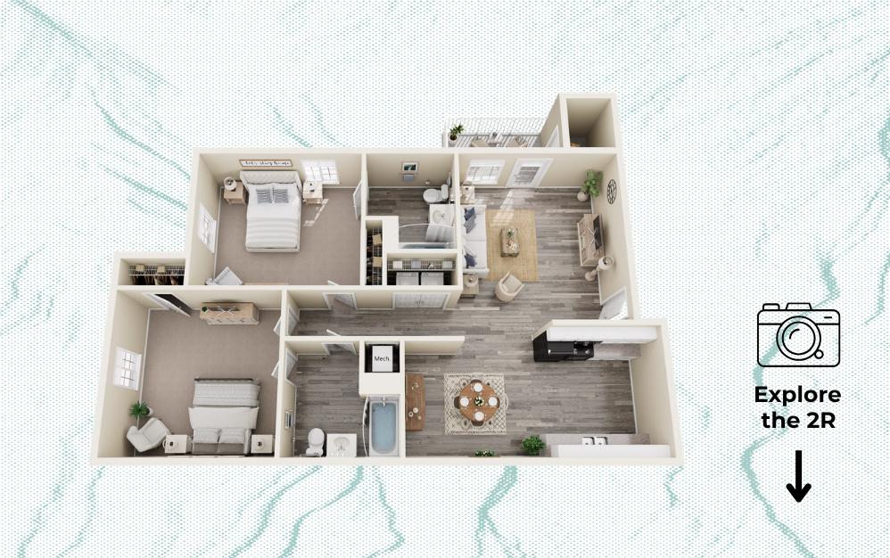 2R - 2 bedroom floorplan layout with 2 bathrooms and 1075 square feet